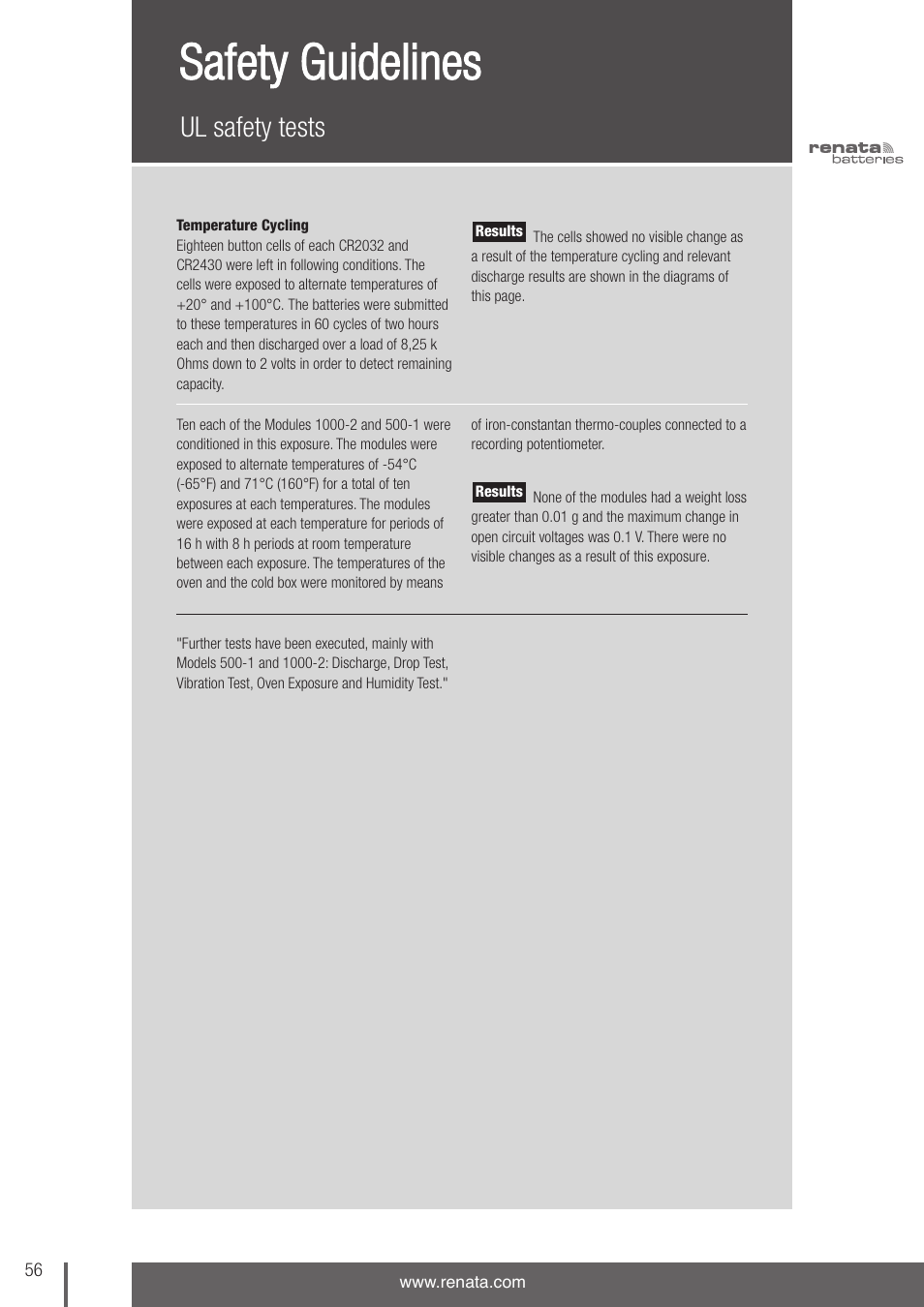 Safety guidelines, Ul safety tests | Renata SA 3V Lithium Coin Cells - DESIGNER'S GUIDE User Manual | Page 56 / 70