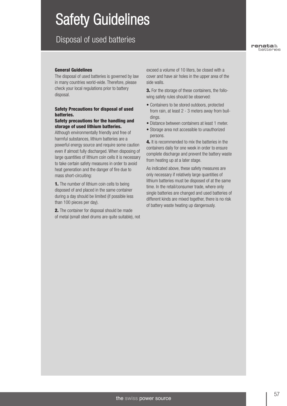 Safety guidelines, Disposal of used batteries | Renata SA 3V Lithium Coin Cells - DESIGNER'S GUIDE User Manual | Page 57 / 70