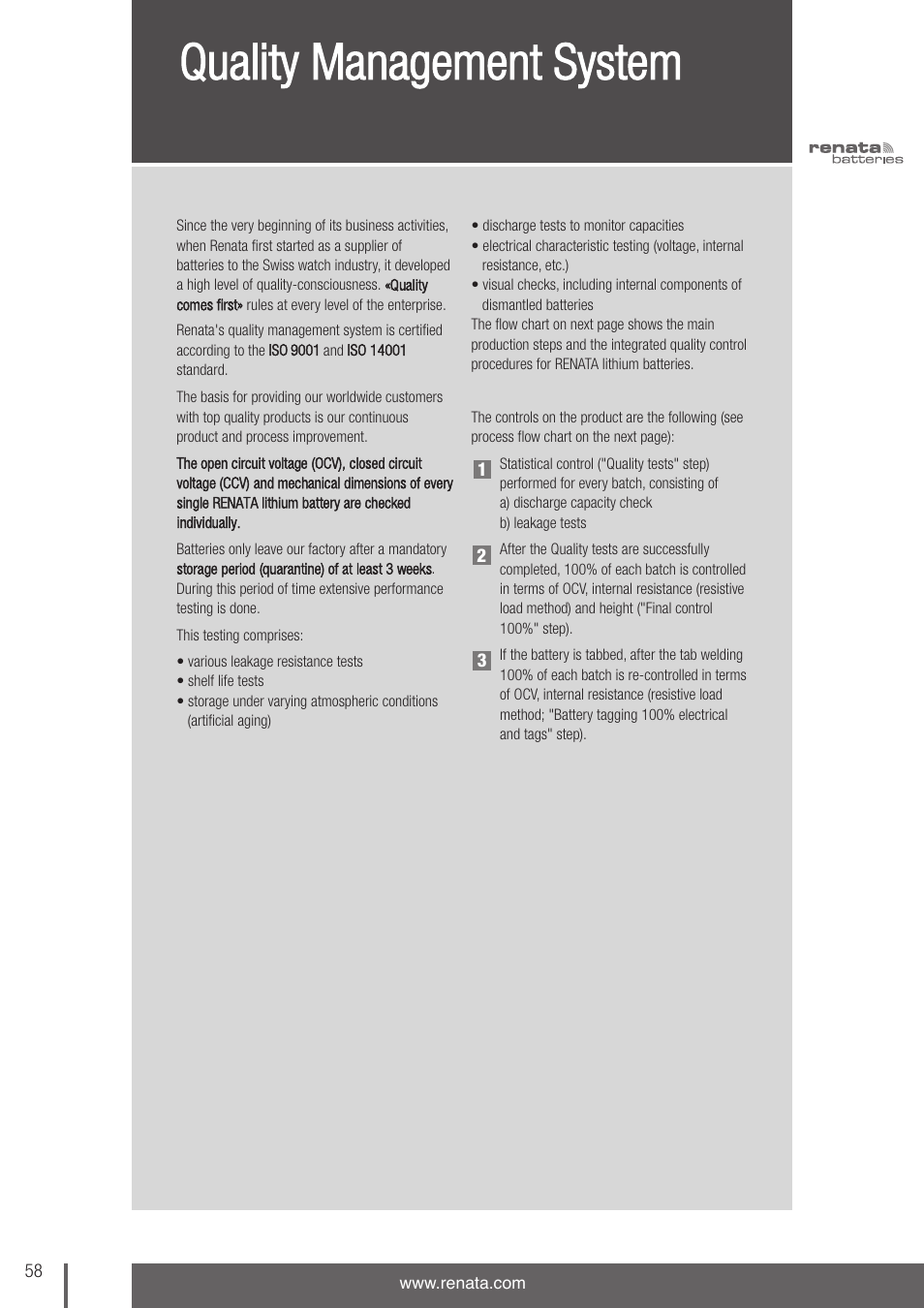 Quality management system | Renata SA 3V Lithium Coin Cells - DESIGNER'S GUIDE User Manual | Page 58 / 70