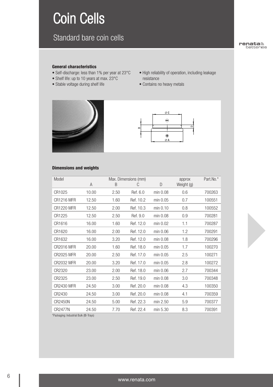 Coin cells, Standard bare coin cells | Renata SA 3V Lithium Coin Cells - DESIGNER'S GUIDE User Manual | Page 6 / 70