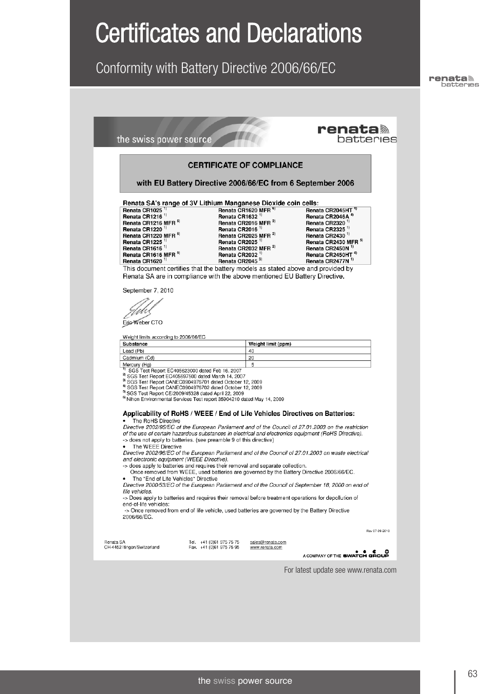 Certificates and declarations | Renata SA 3V Lithium Coin Cells - DESIGNER'S GUIDE User Manual | Page 61 / 70