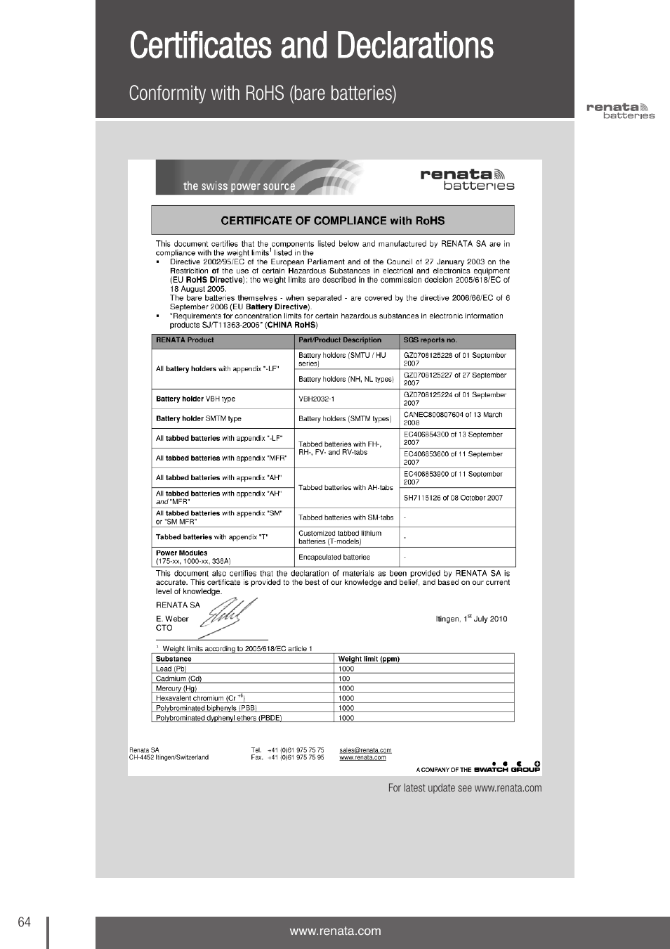 Certificates and declarations | Renata SA 3V Lithium Coin Cells - DESIGNER'S GUIDE User Manual | Page 62 / 70