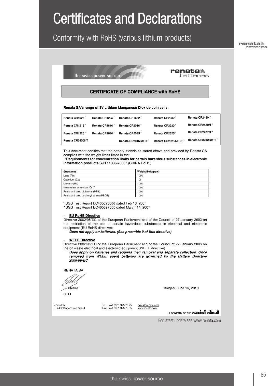 Certificates and declarations, Conformity with rohs (various lithium products) | Renata SA 3V Lithium Coin Cells - DESIGNER'S GUIDE User Manual | Page 63 / 70