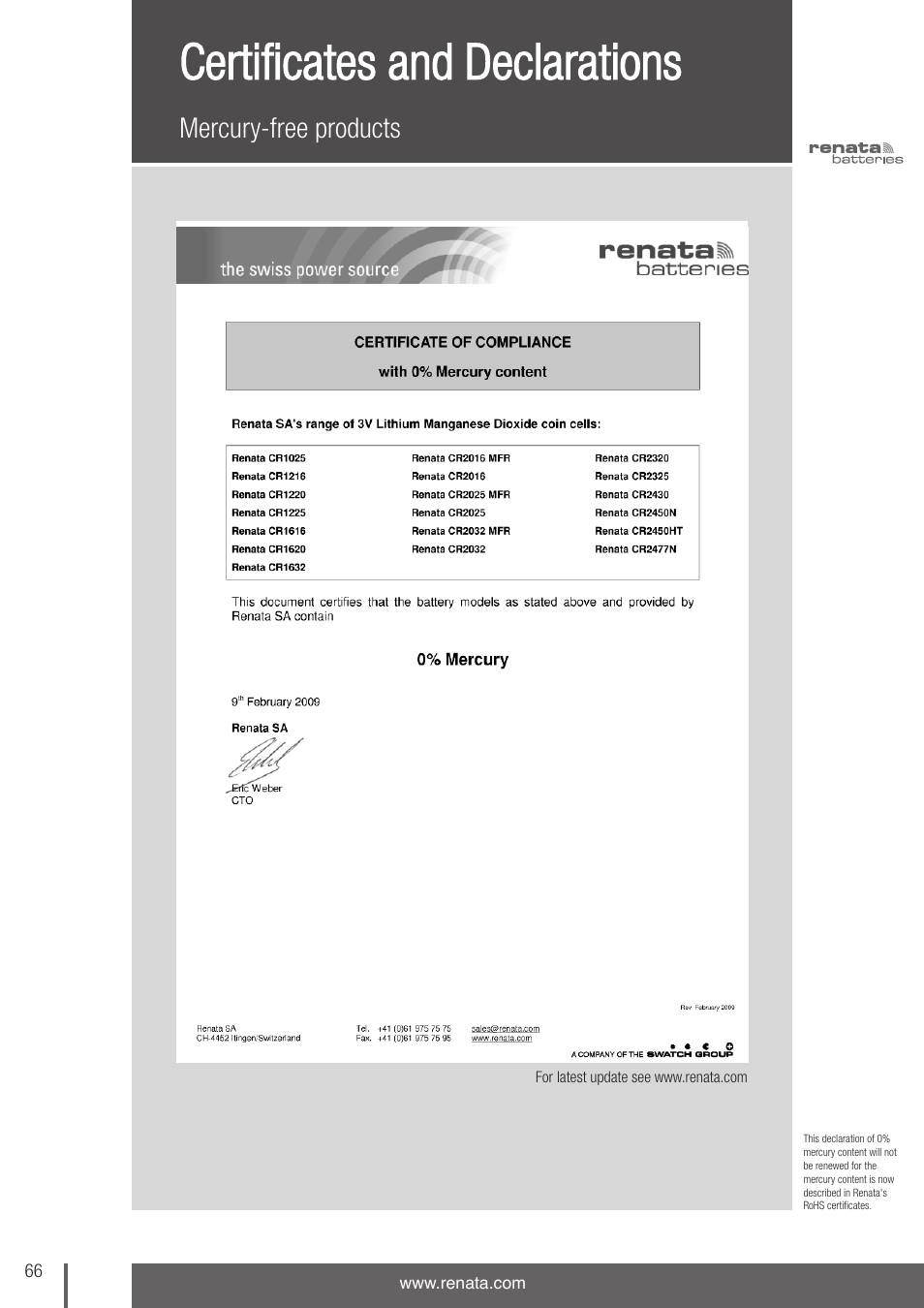 Certificates and declarations, Mercury-free products | Renata SA 3V Lithium Coin Cells - DESIGNER'S GUIDE User Manual | Page 64 / 70