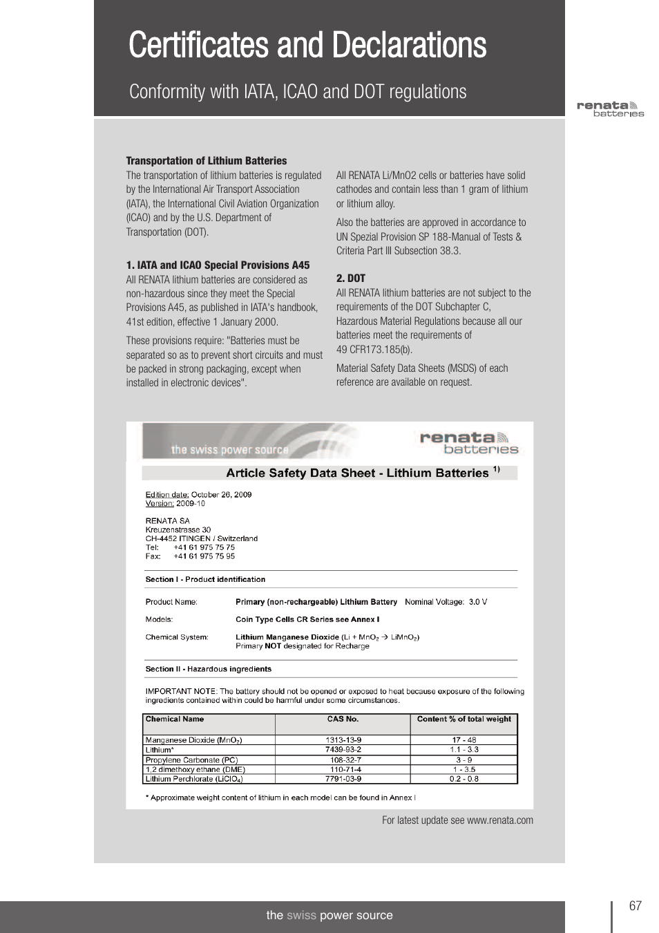 Certificates and declarations, Conformity with iata, icao and dot regulations | Renata SA 3V Lithium Coin Cells - DESIGNER'S GUIDE User Manual | Page 65 / 70