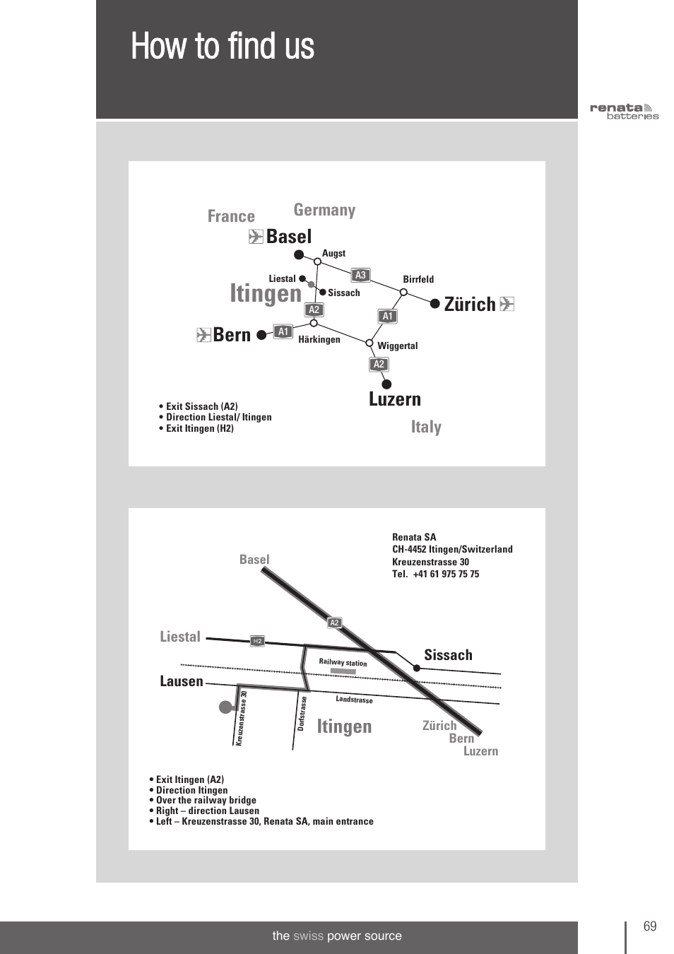 How to find us, Silver oxide, alkaline & zinc air cells, Itingen | Basel, Luzern bern zürich, Germany italy france, Sissach liestal, Lausen | Renata SA 3V Lithium Coin Cells - DESIGNER'S GUIDE User Manual | Page 67 / 70