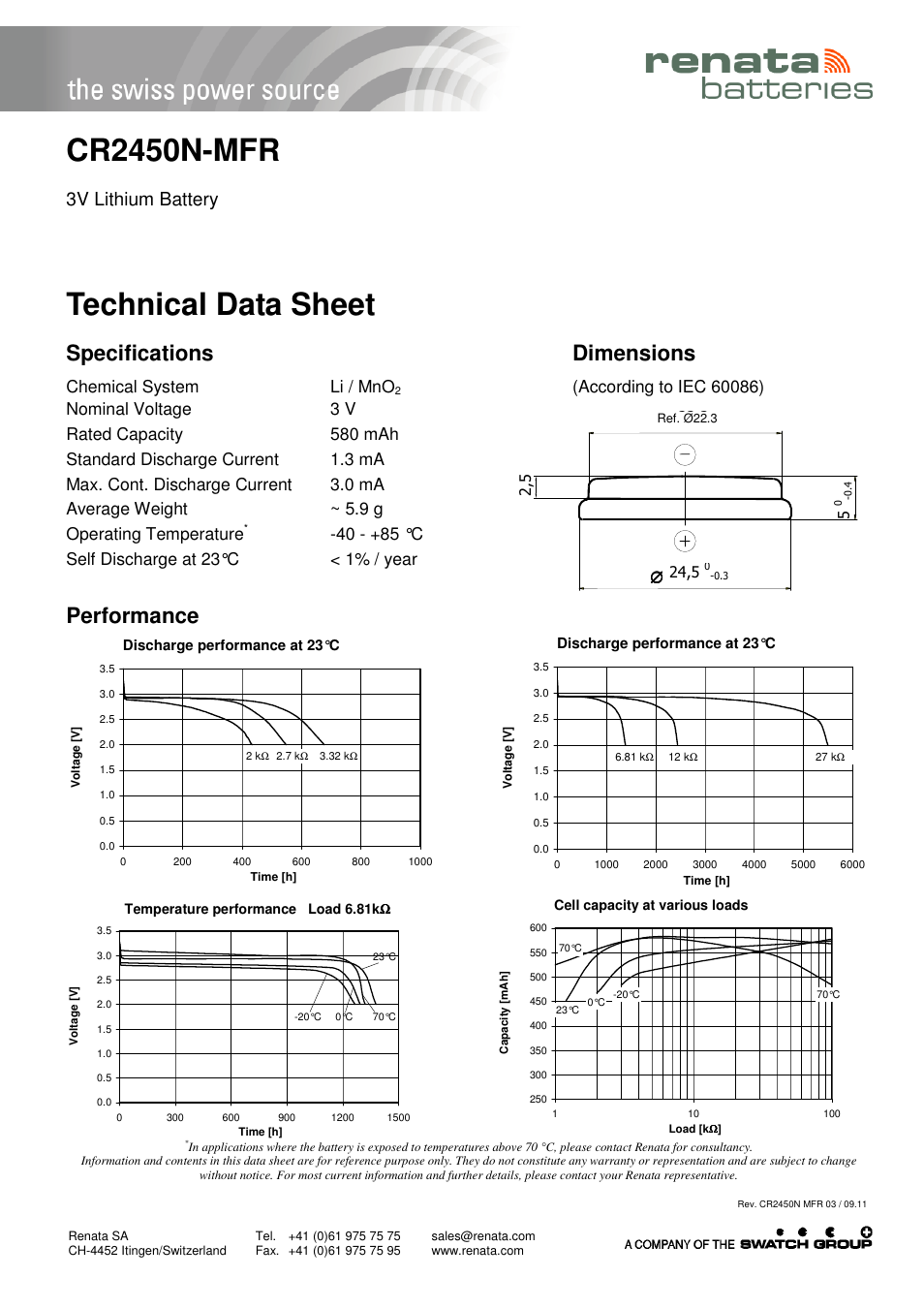 Renata SA CR2450N-MFR User Manual | 1 page