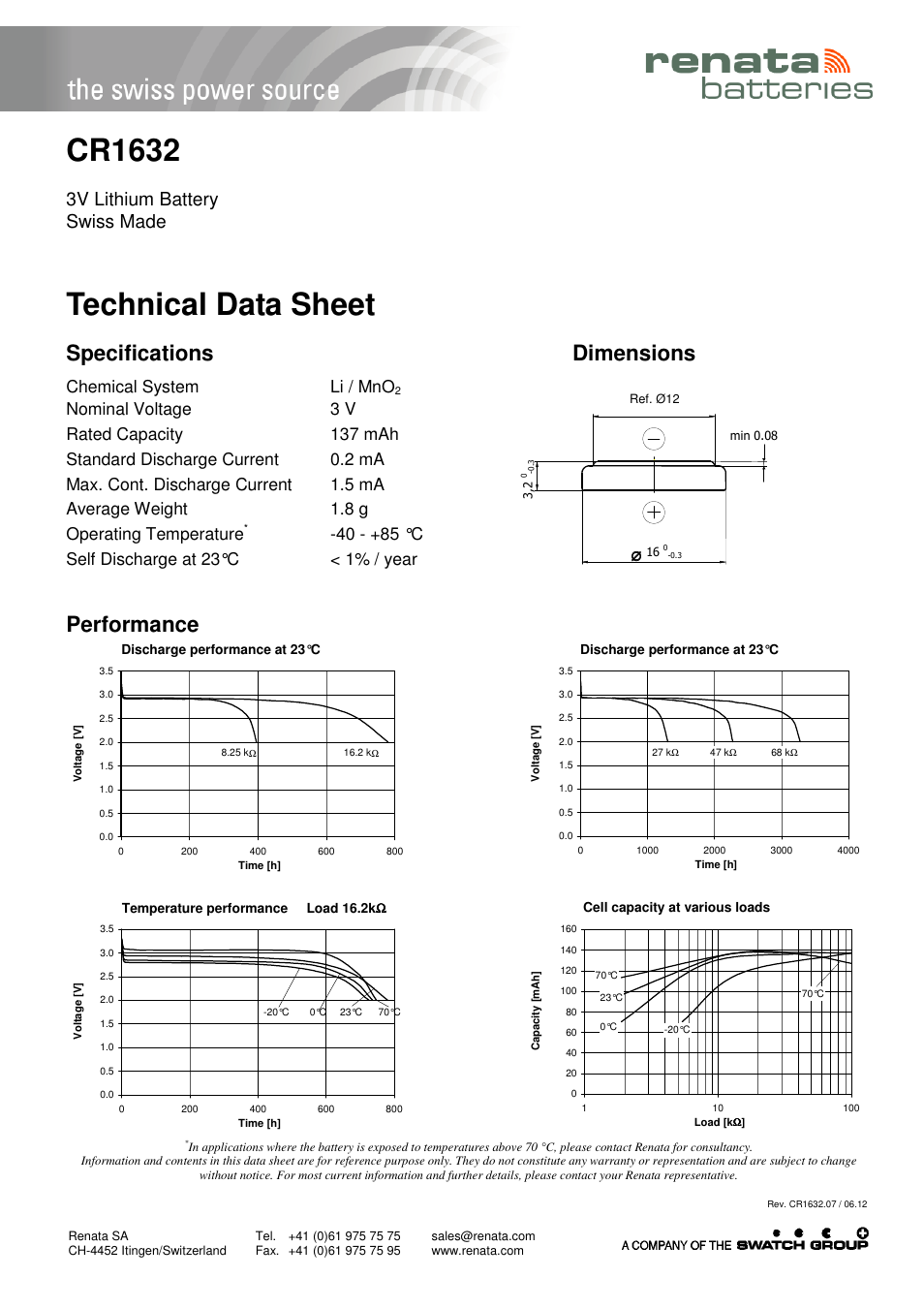 Renata SA CR1632 User Manual | 1 page