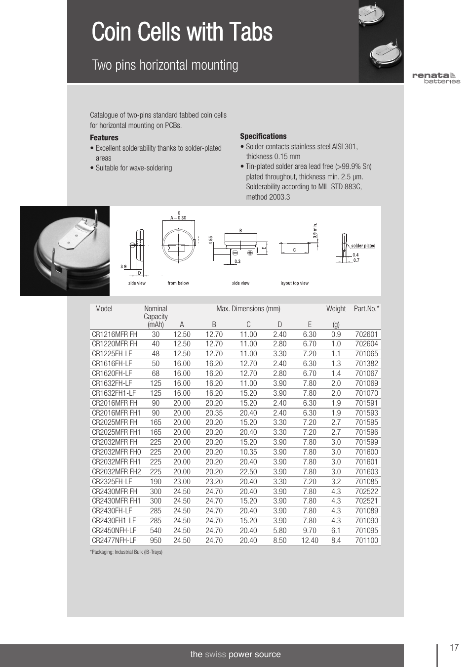 Coin cells with tabs, Two pins horizontal mounting | Renata SA Product Catalogue User Manual | Page 13 / 32