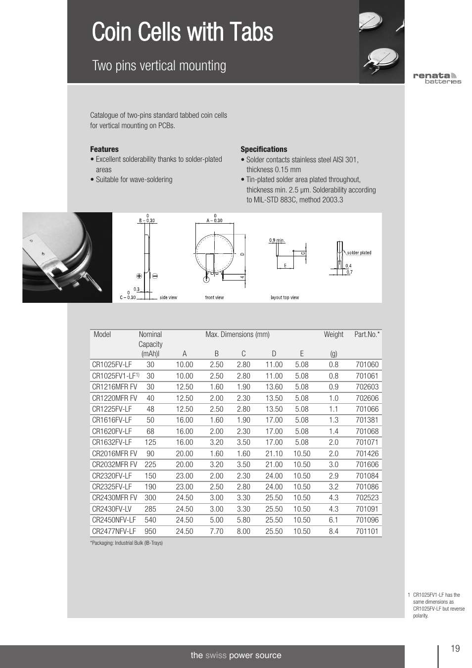 Coin cells with tabs, Two pins vertical mounting | Renata SA Product Catalogue User Manual | Page 15 / 32