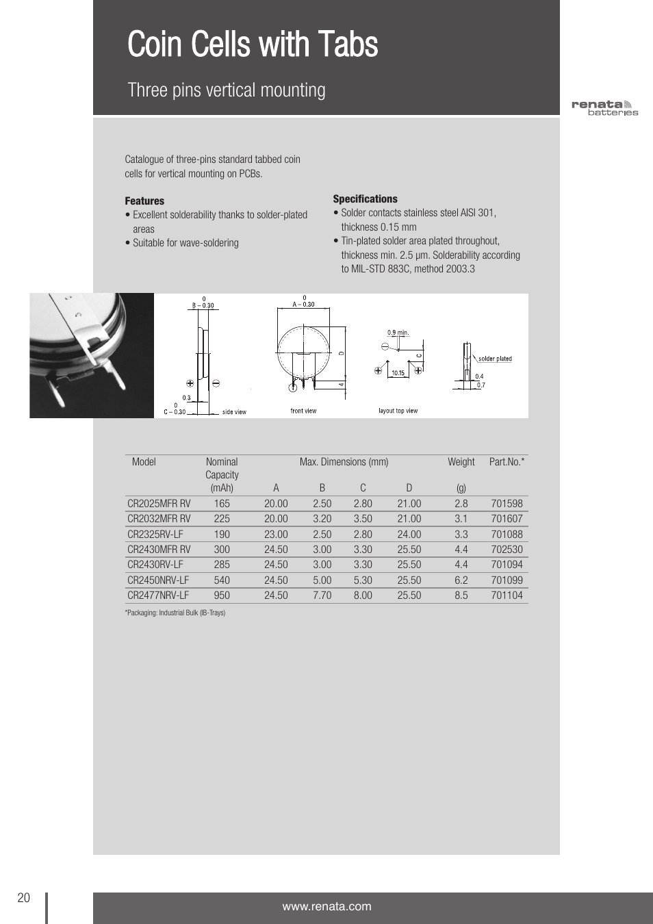 Coin cells with tabs, Three pins vertical mounting | Renata SA Product Catalogue User Manual | Page 16 / 32