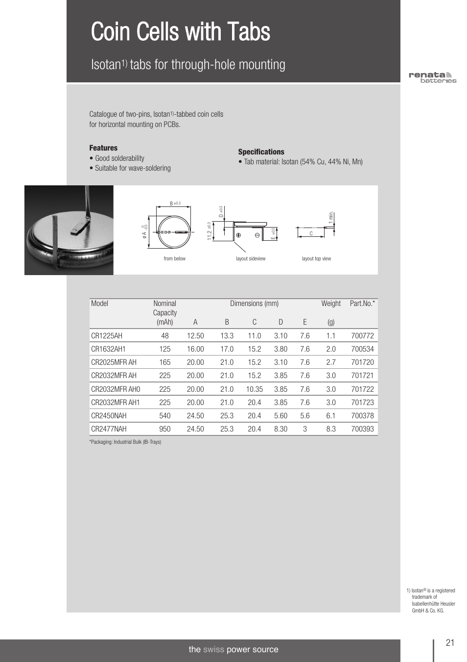 Coin cells with tabs, Isotan, Tabs for through-hole mounting | Renata SA Product Catalogue User Manual | Page 17 / 32