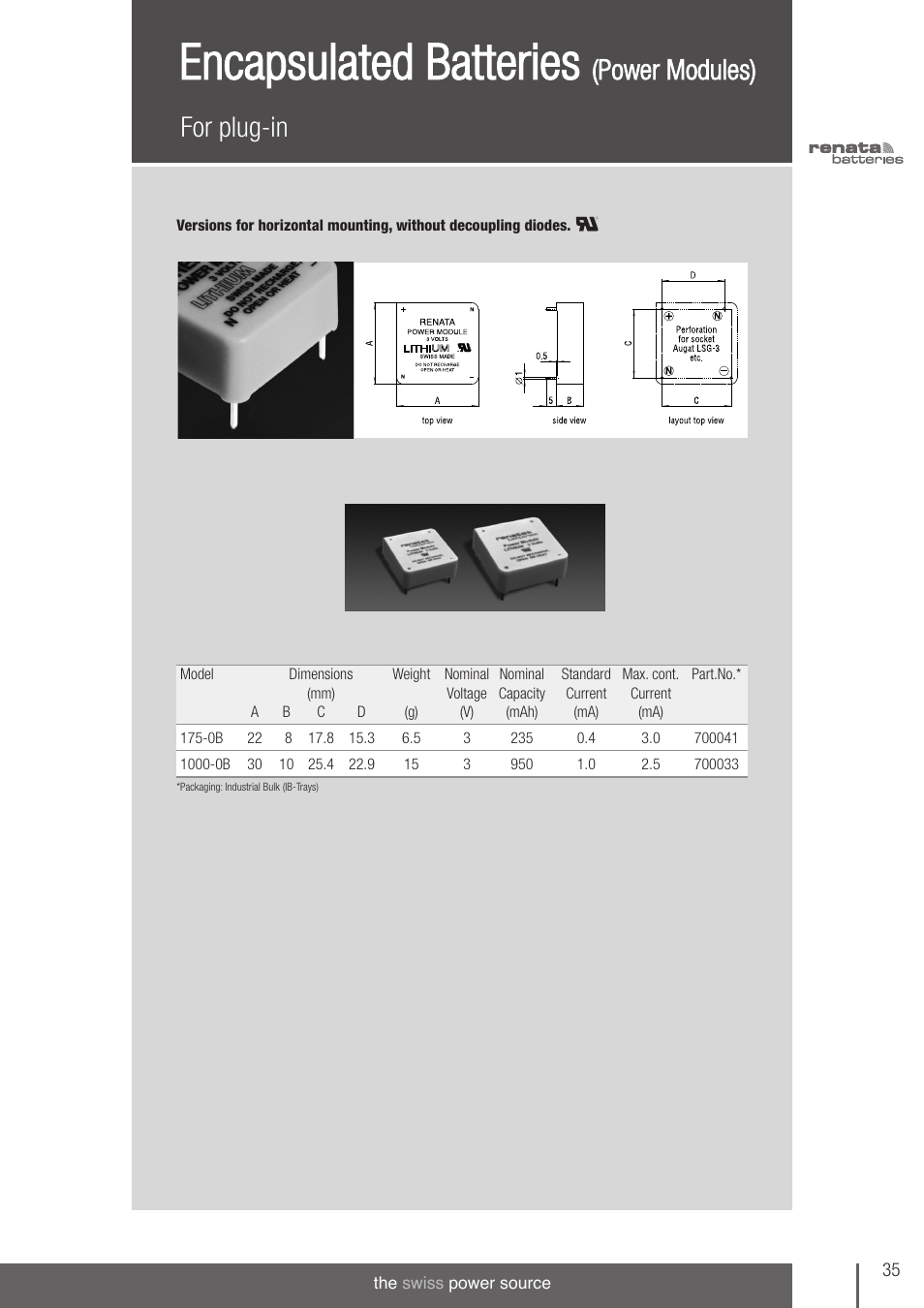 Encapsulated batteries, For plug-in, Power modules) | Renata SA Product Catalogue User Manual | Page 31 / 32