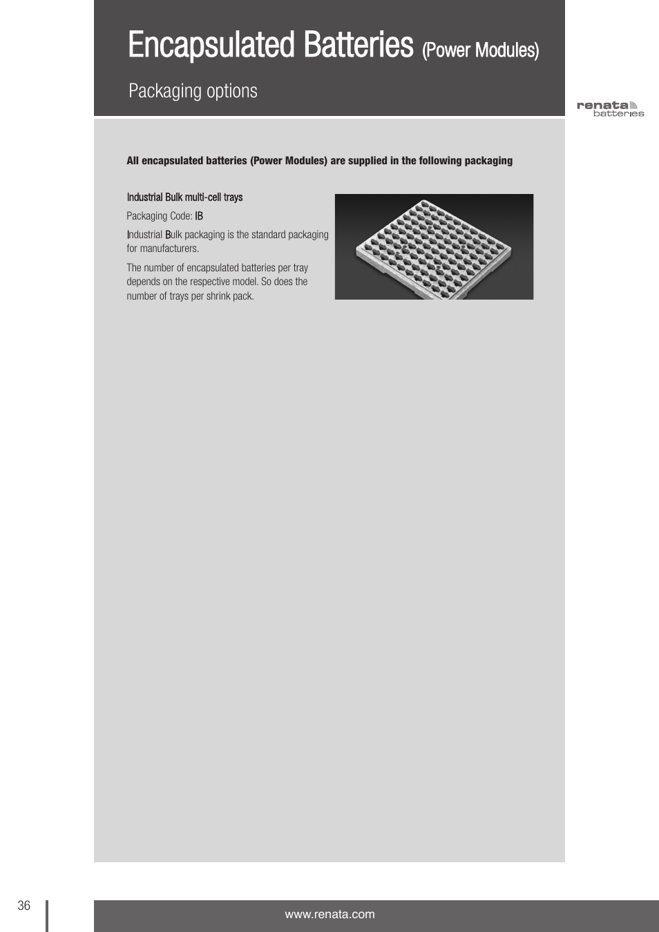 Encapsulated batteries, Packaging options, Power modules) | Renata SA Product Catalogue User Manual | Page 32 / 32