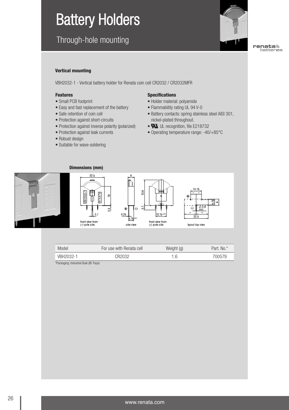 Battery holders, Through-hole mounting | Renata SA Battery Holders User Manual | Page 3 / 5