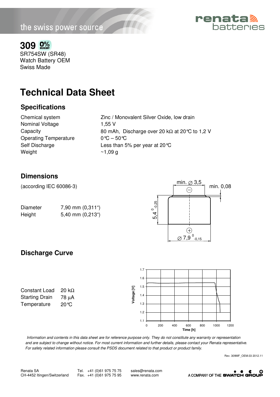 Renata SA 309 User Manual | 1 page