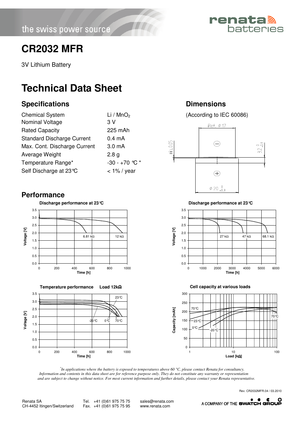 Renata SA CR2032MFR User Manual | 1 page
