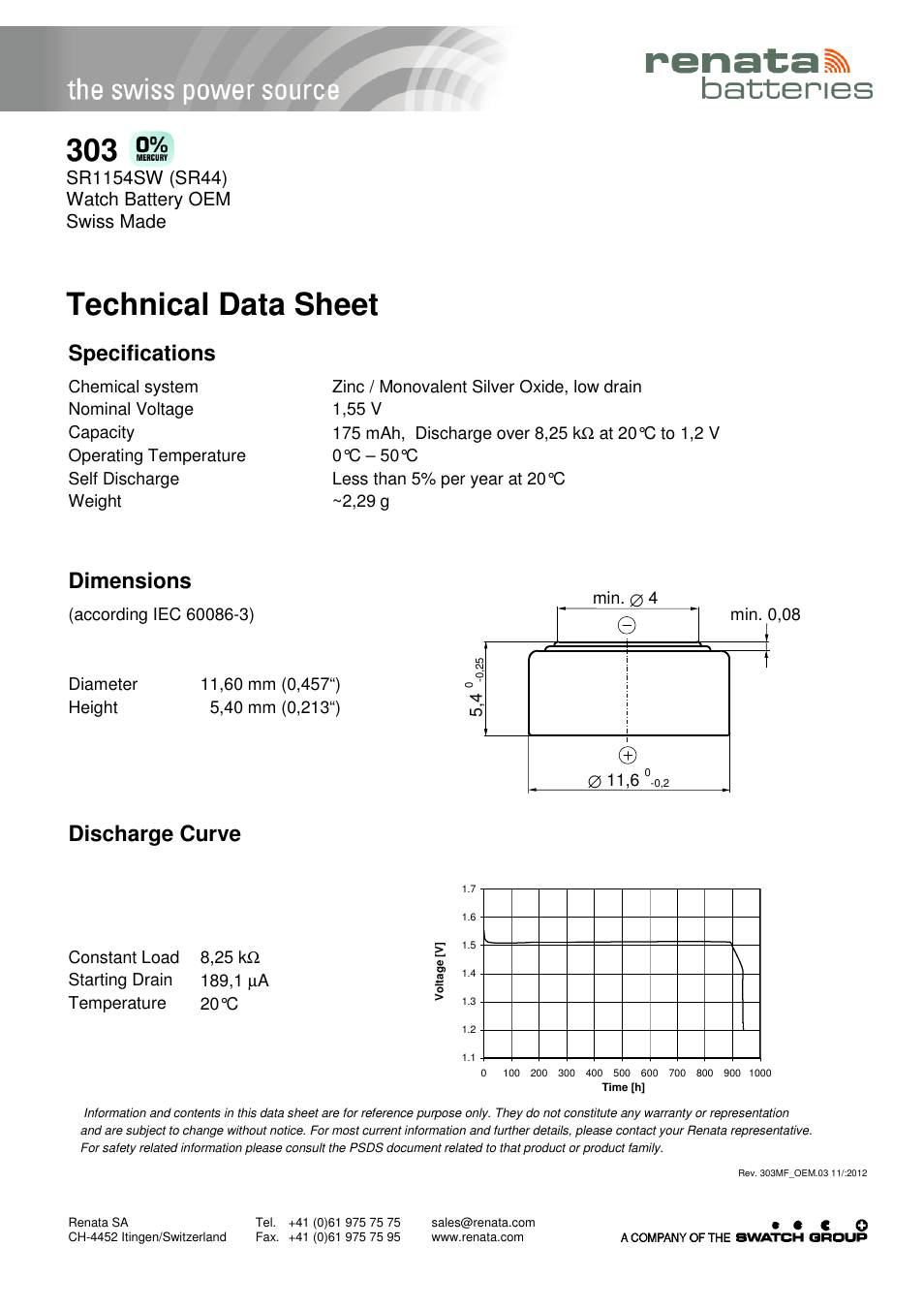 Renata SA 303 User Manual | 1 page