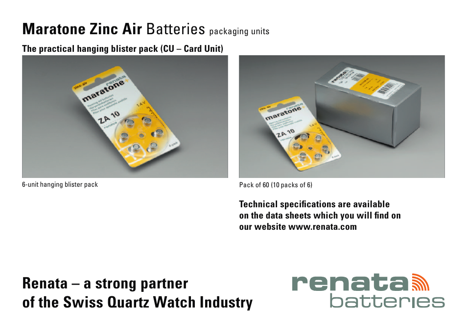 Renata SA Maratone Zinc Air Batteries - Packaging Units User Manual | 1 page