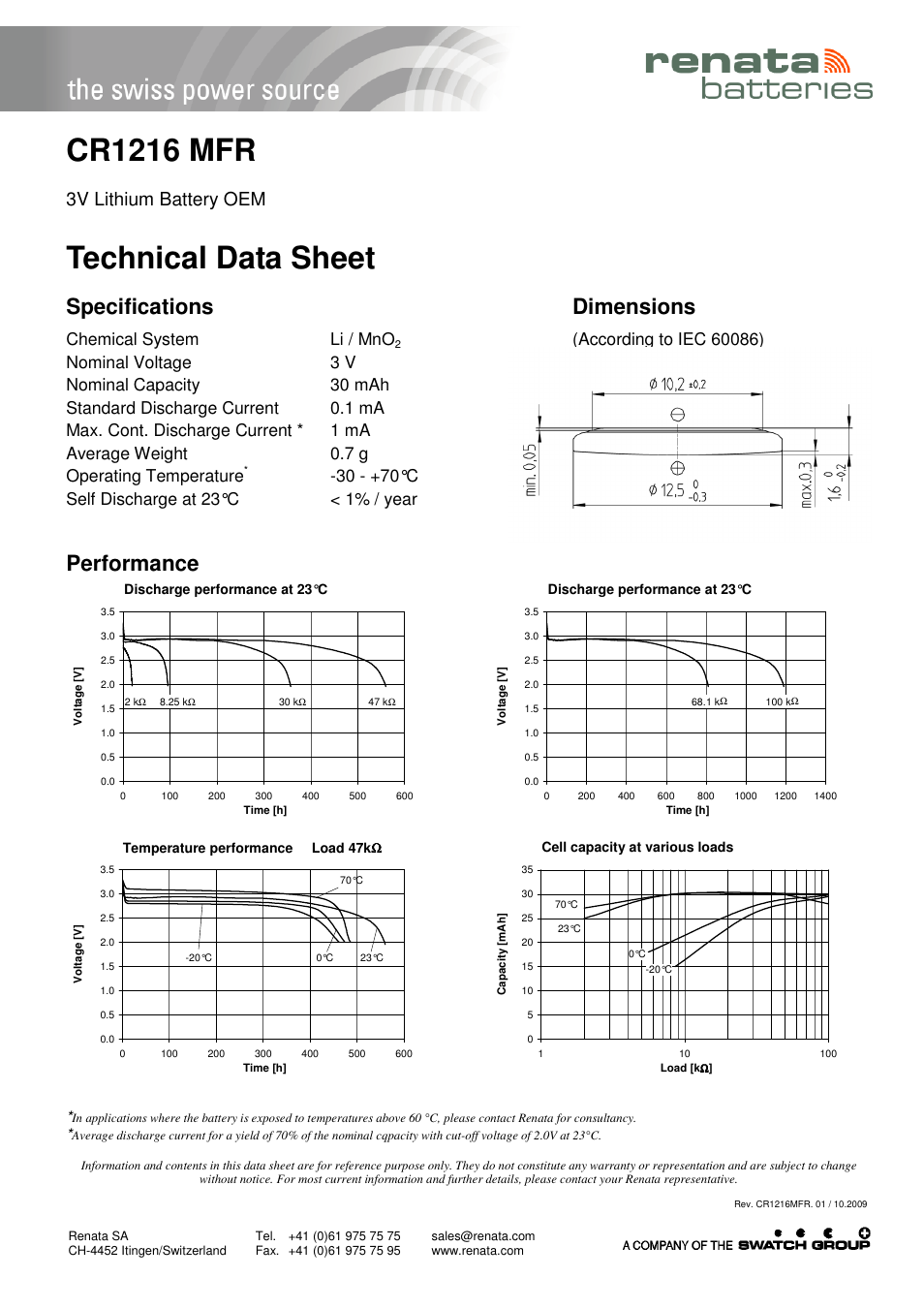 Renata SA CR1216MFR_v01 User Manual | 1 page