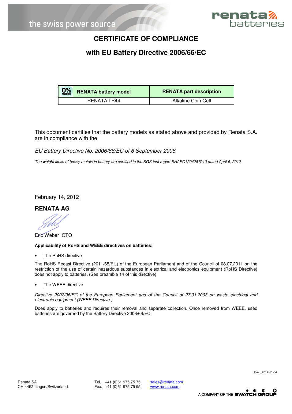 Renata SA COC Alkaline EU Battery directive User Manual | 1 page