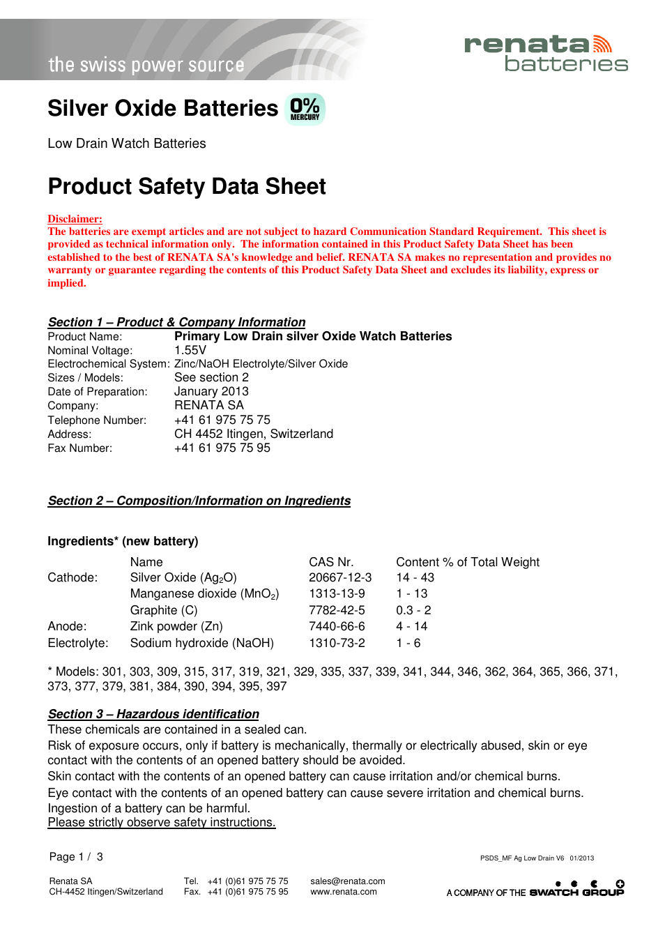 Renata SA Product Safety Datasheet Ag 0%HG Low drain User Manual | 3 pages