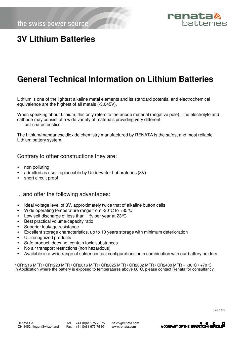 Renata SA Encapsulated Batteries (Power Modules) - General Technical Information User Manual | 3 pages