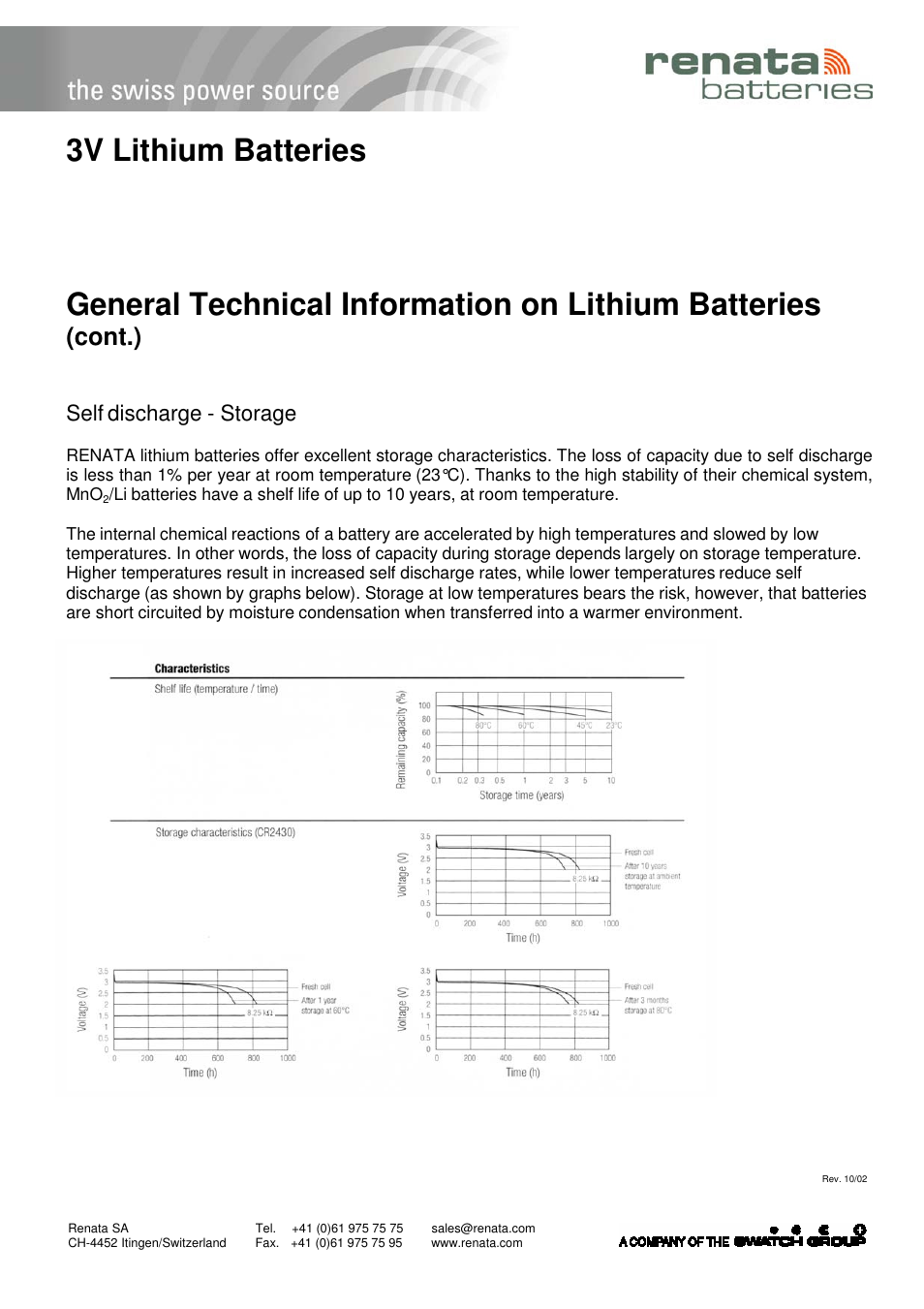 3v lithium batteries, General technical information on lithium batteries, Cont.) | Self discharge - storage | Renata SA Encapsulated Batteries (Power Modules) - General Technical Information User Manual | Page 2 / 3