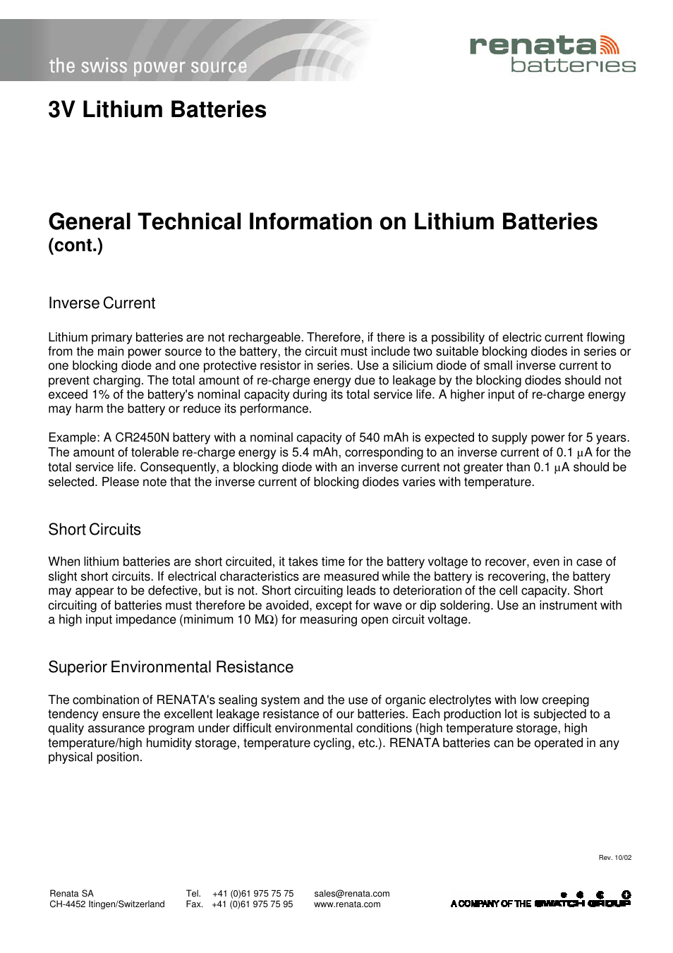 3v lithium batteries, General technical information on lithium batteries, Cont.) | Inverse current, Short circuits, Superior environmental resistance | Renata SA Encapsulated Batteries (Power Modules) - General Technical Information User Manual | Page 3 / 3