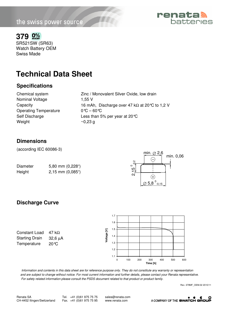 Renata SA 379 User Manual | 1 page