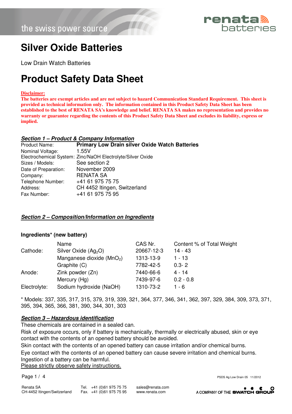 Renata SA Product Safety Datasheet Ag Low drain User Manual | 4 pages