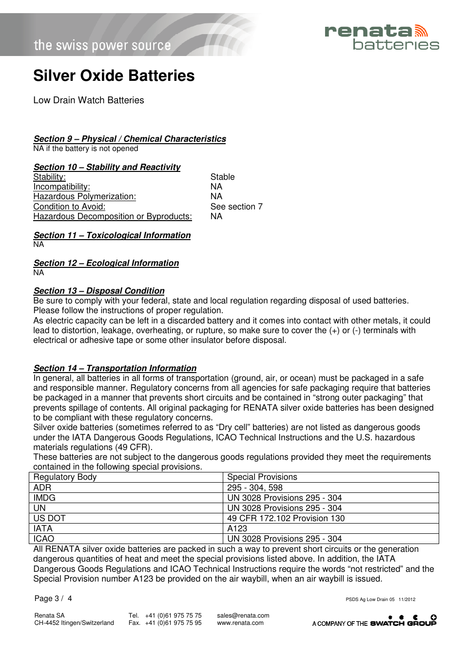 Silver oxide batteries | Renata SA Product Safety Datasheet Ag Low drain User Manual | Page 3 / 4