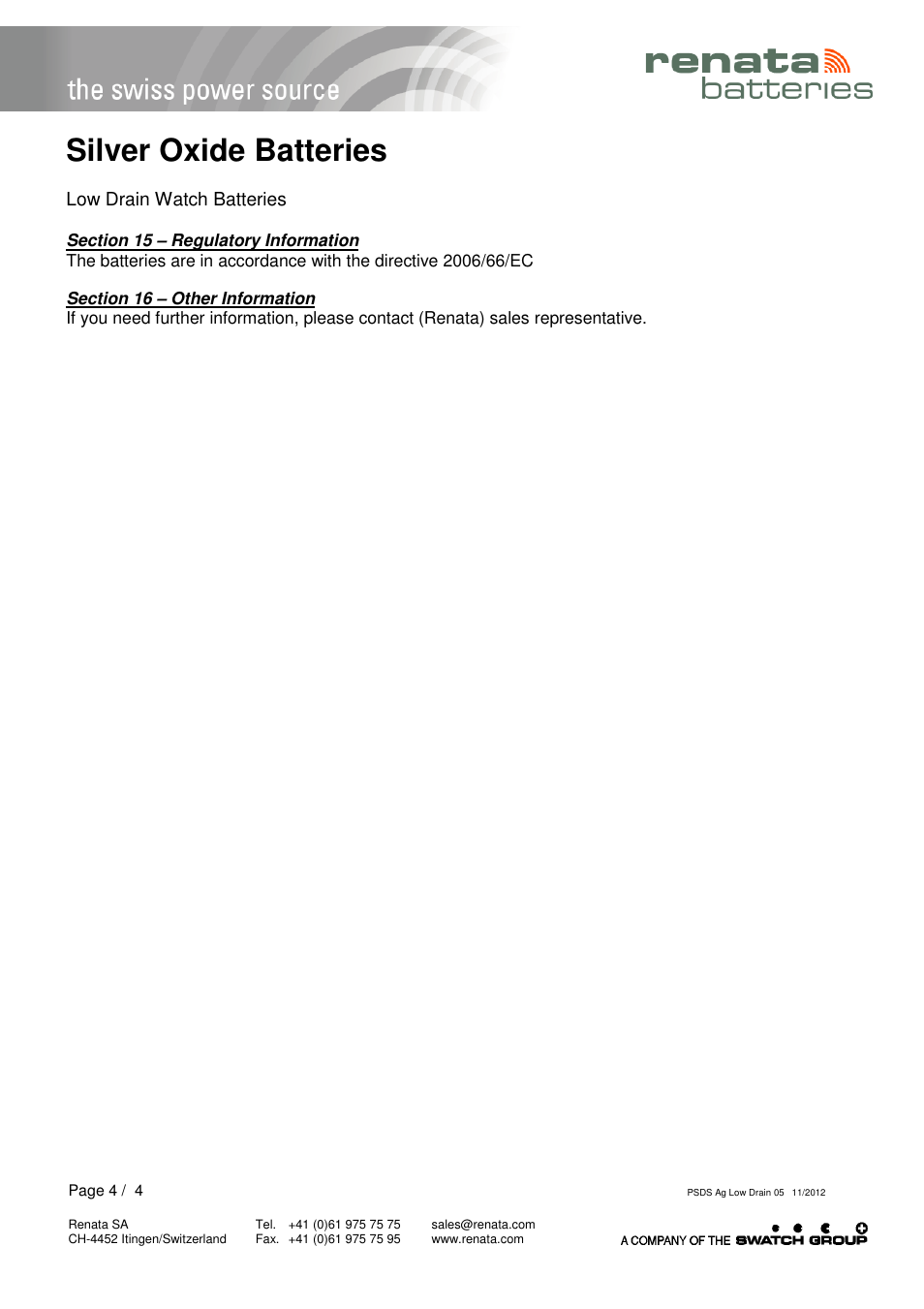 Silver oxide batteries, Low drain watch batteries | Renata SA Product Safety Datasheet Ag Low drain User Manual | Page 4 / 4