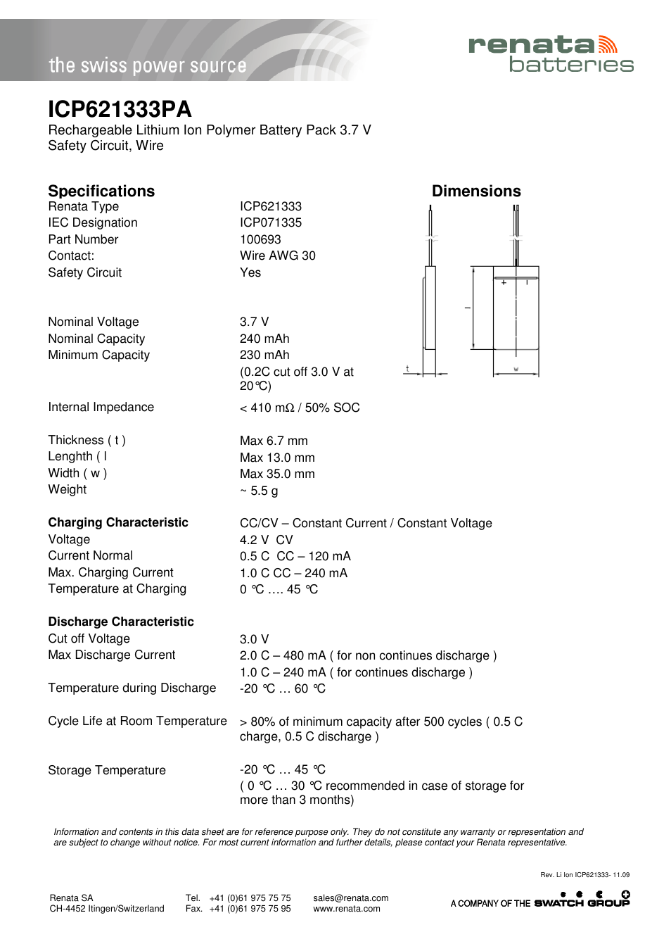Renata SA ICP621333PA User Manual | 1 page