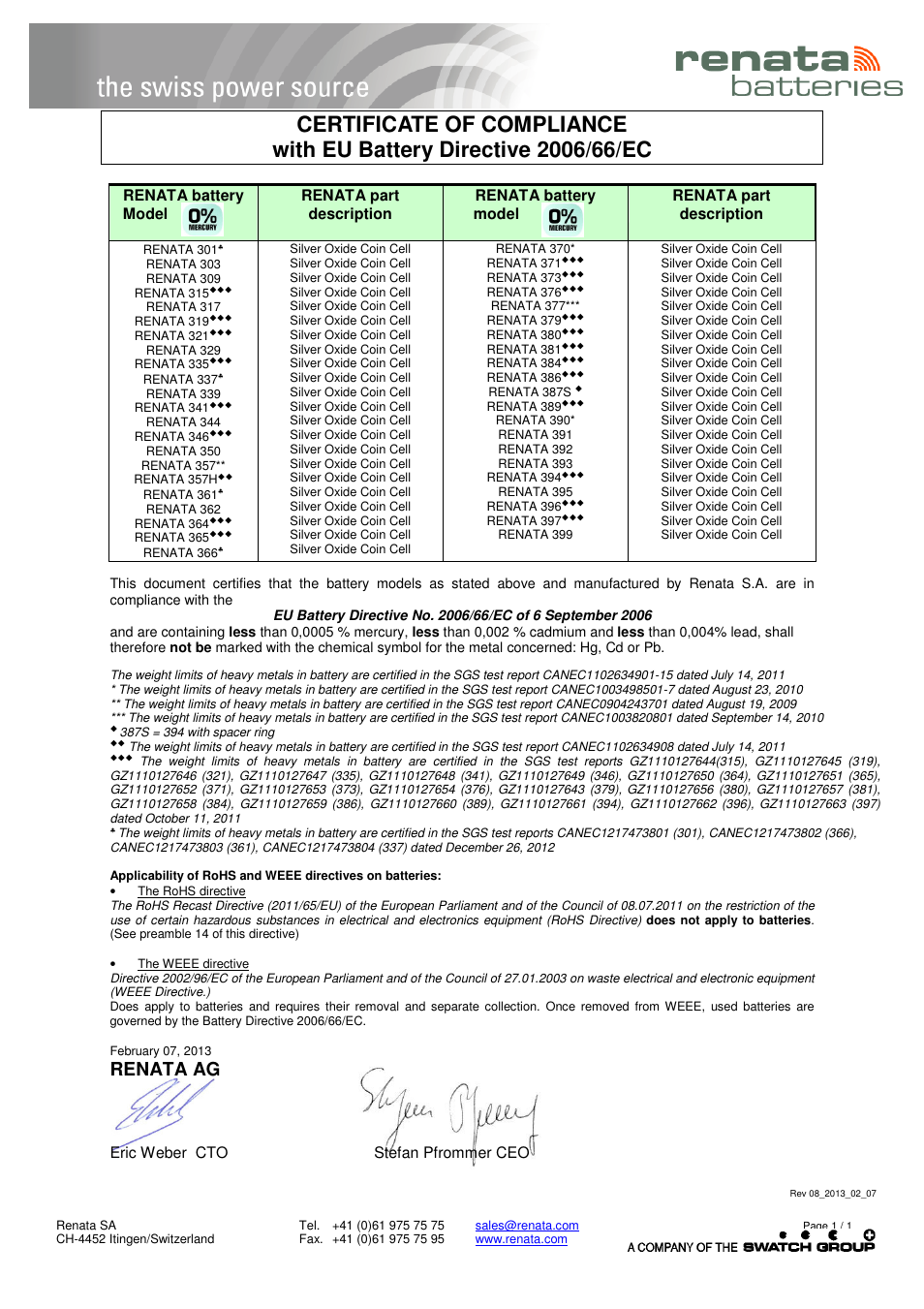 Renata SA COC Silver Oxide 0% Mercury  Battery directive User Manual | 1 page