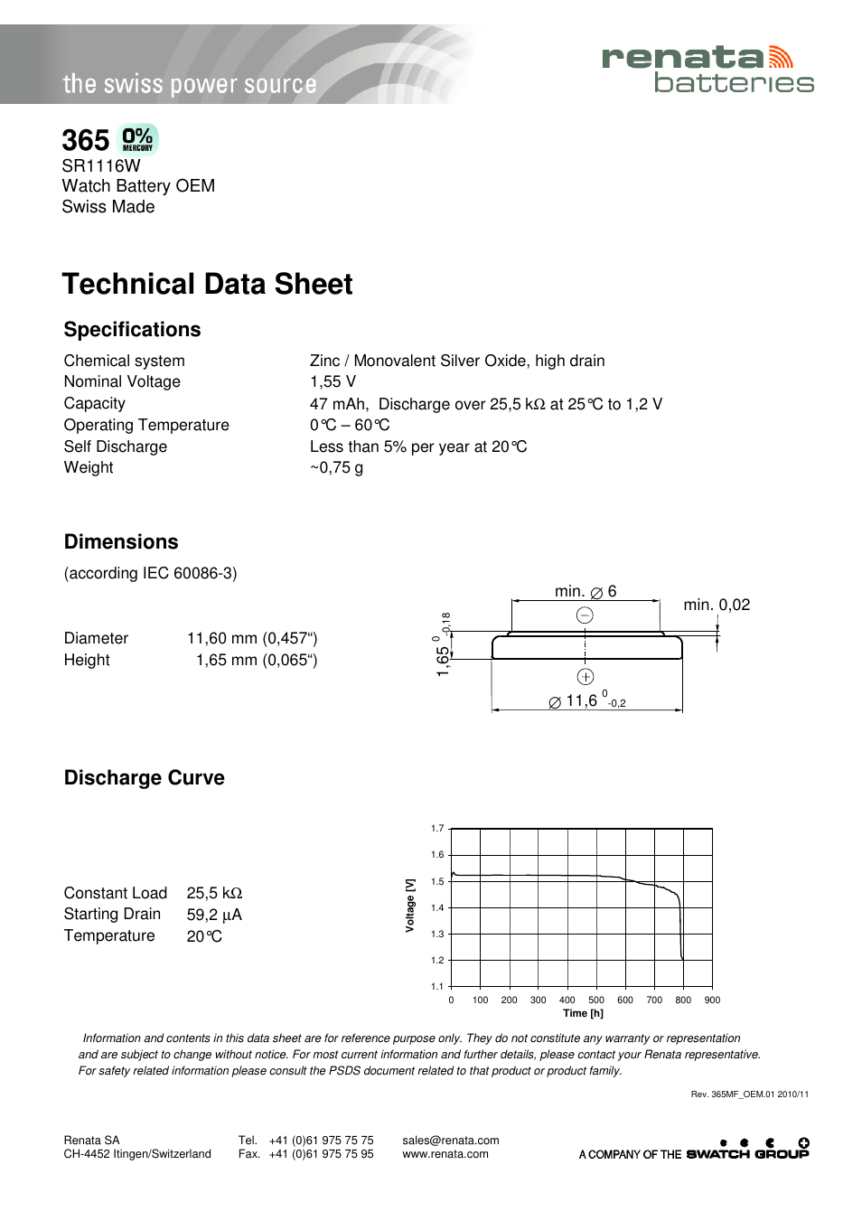 Renata SA 365 User Manual | 1 page