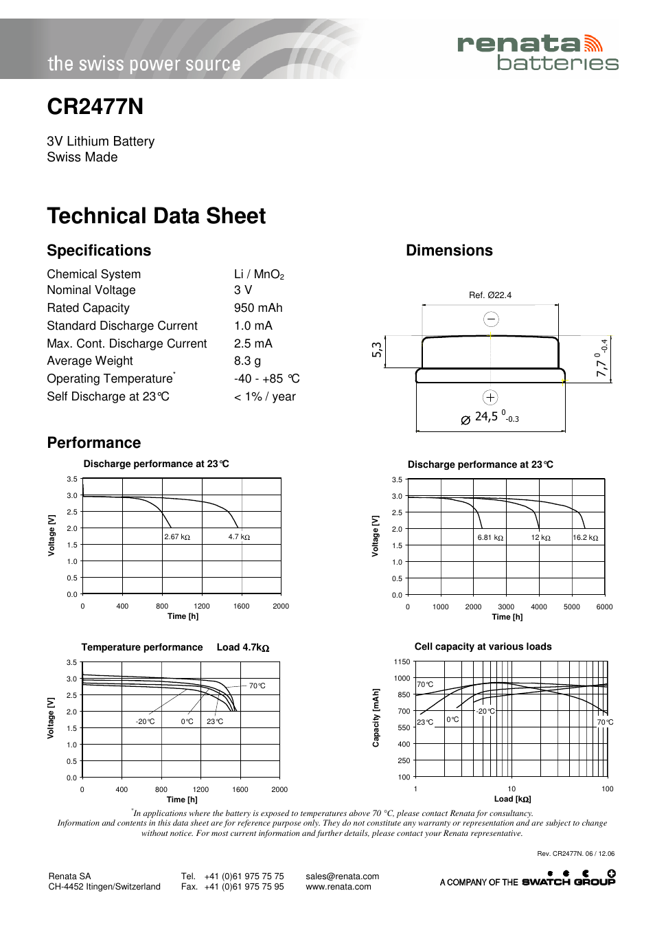 Renata SA CR2477N User Manual | 1 page