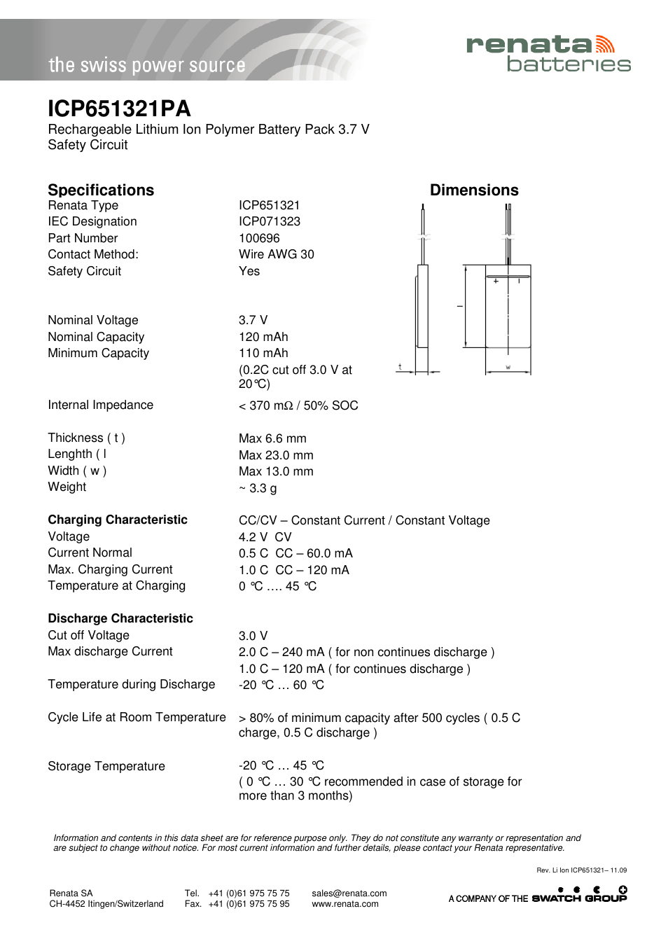 Renata SA ICP651321PA User Manual | 1 page