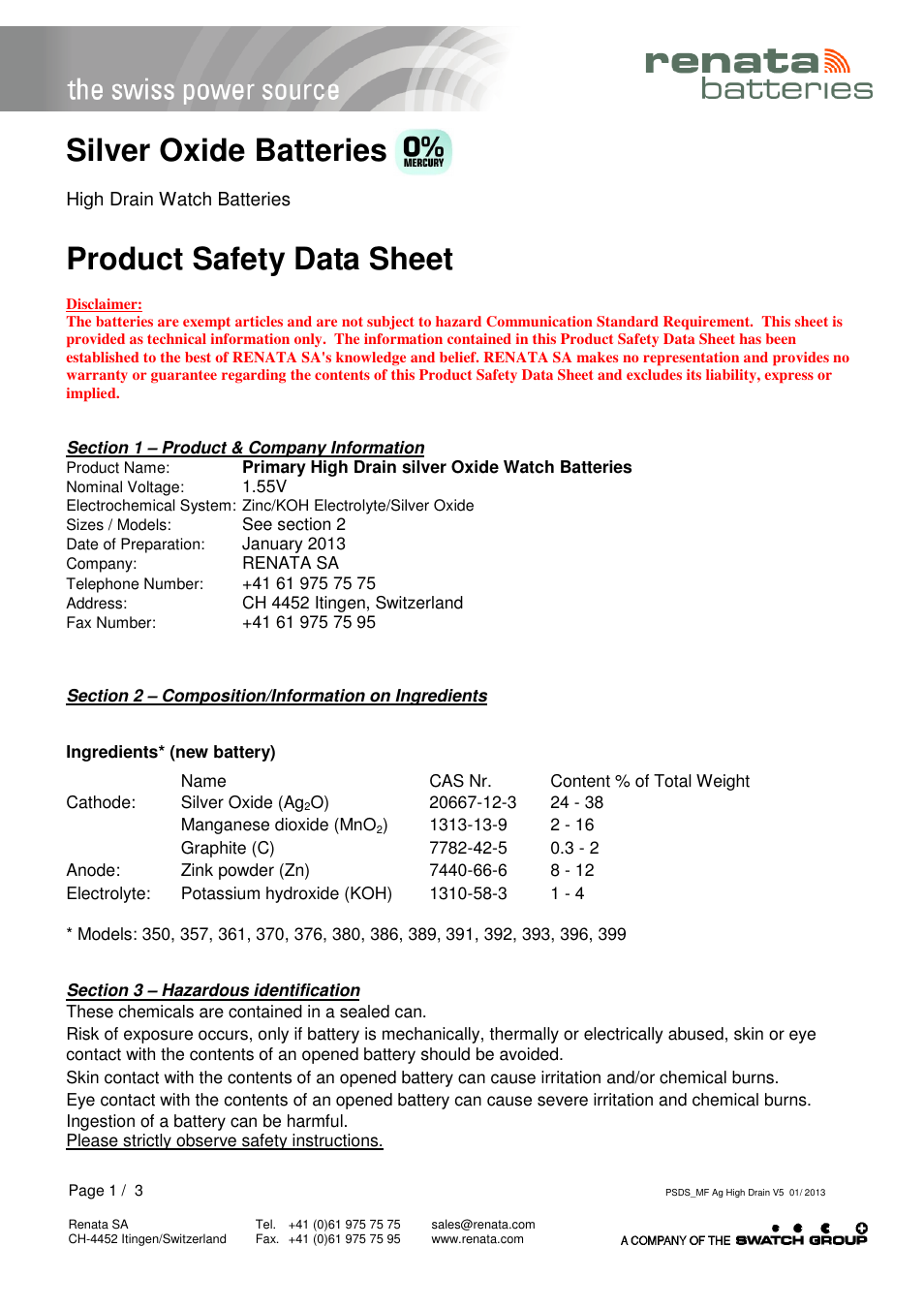 Renata SA Product Safety Datasheet Ag 0% Hg High drain User Manual | 3 pages