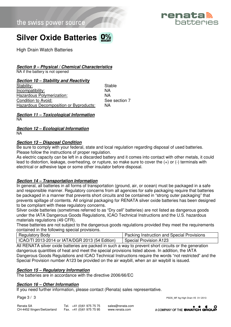 Silver oxide batteries | Renata SA Product Safety Datasheet Ag 0% Hg High drain User Manual | Page 3 / 3
