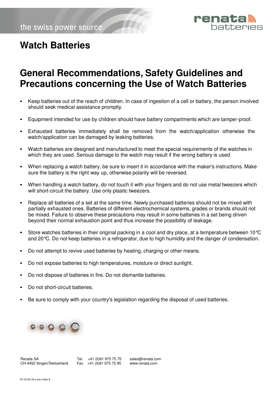 Renata SA Silver Oxide Coin Cells - General Recommendations, Safety Guidelines User Manual | 1 page