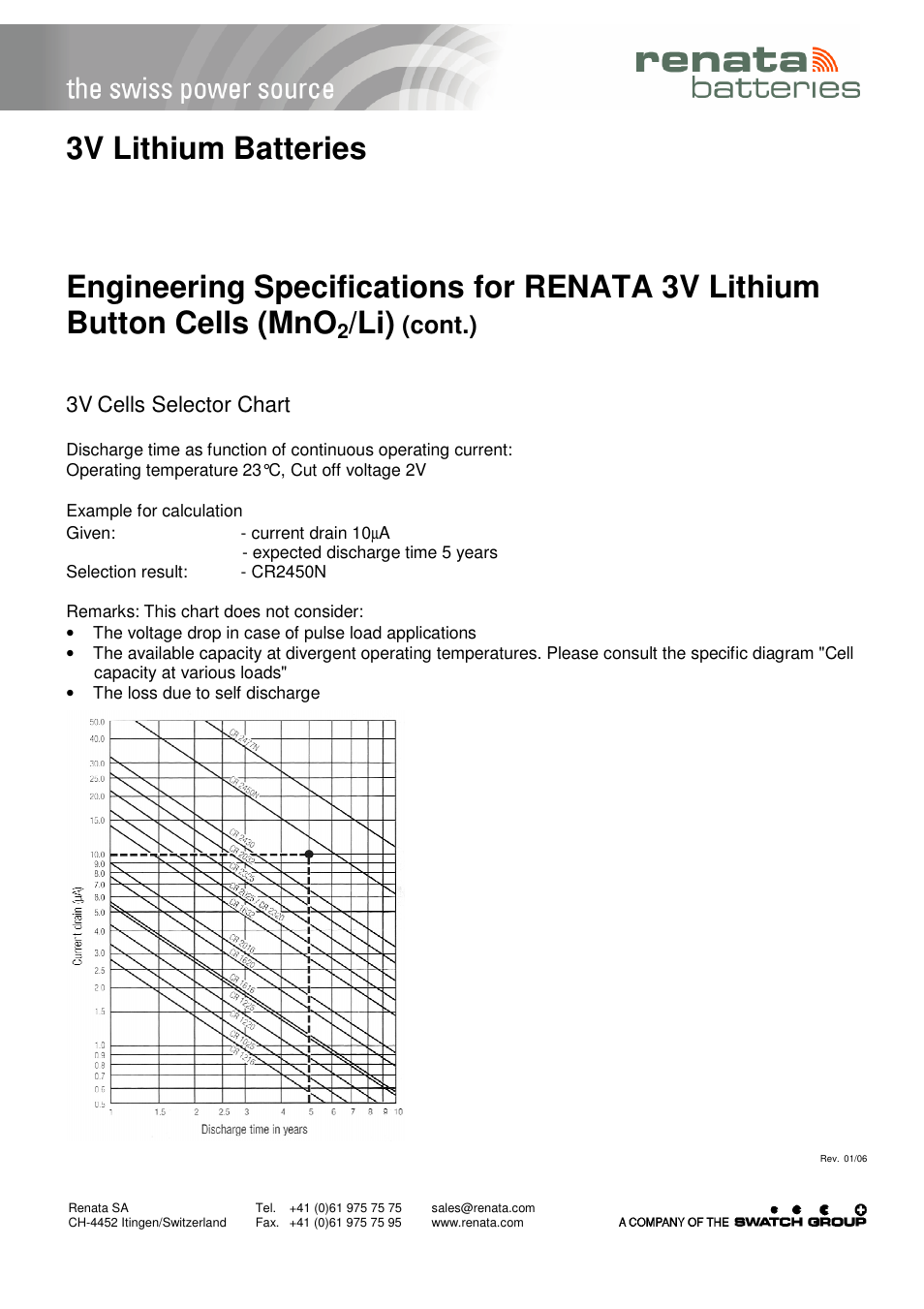 3v lithium batteries, Cont.), 3v cells selector chart | Renata SA Encapsulated Batteries (Power Modules) - Engineering Specifications User Manual | Page 2 / 3