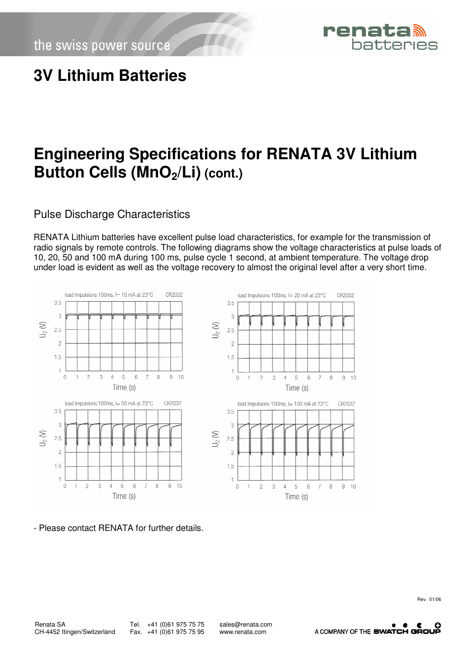 3v lithium batteries, Cont.), Pulse discharge characteristics | Renata SA Encapsulated Batteries (Power Modules) - Engineering Specifications User Manual | Page 3 / 3