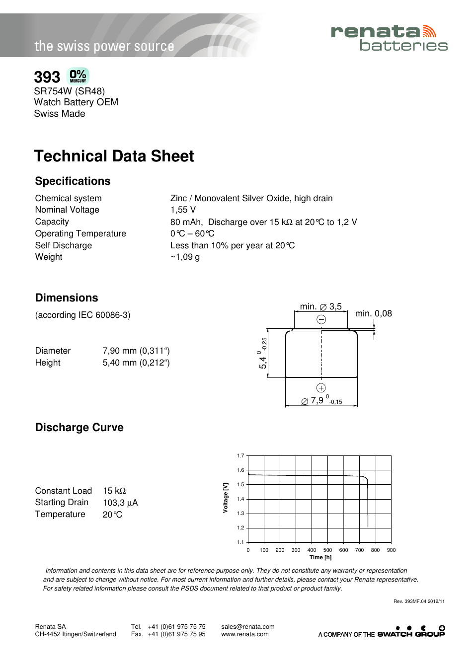 Renata SA 393 User Manual | 1 page