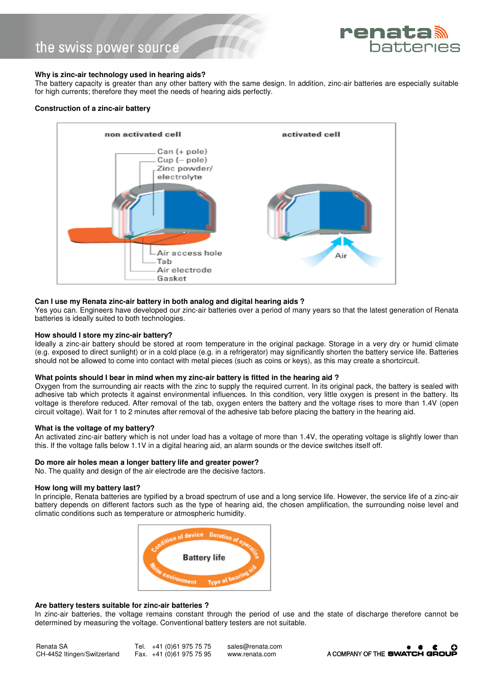 Renata SA Maratone Zinc Air Batteries - Technical Information User Manual | 1 page