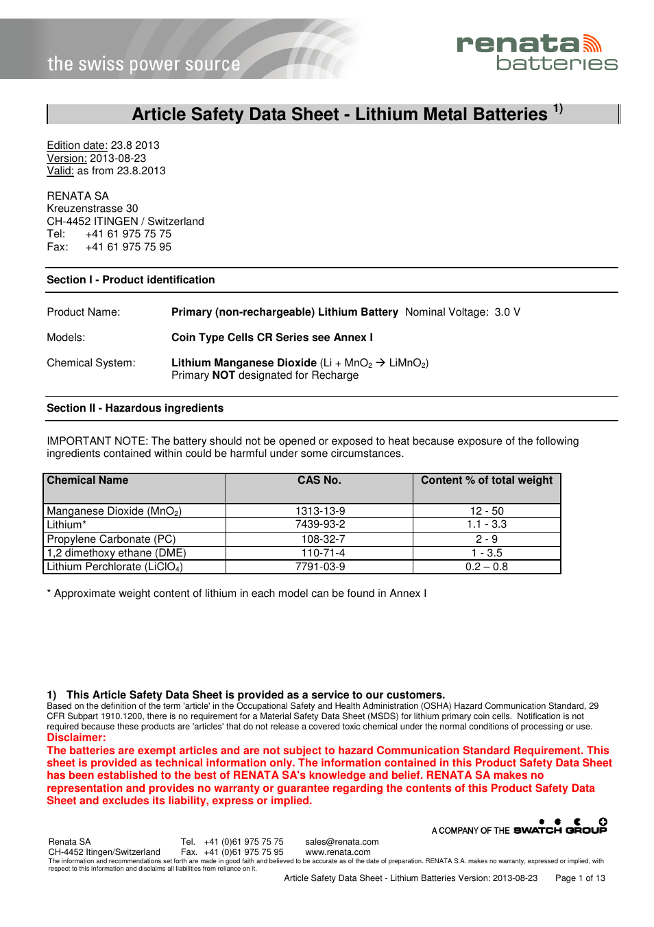 Renata SA Article Safety Datasheet 3V Lithium User Manual | 13 pages