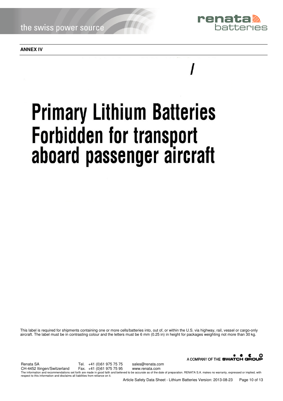 Renata SA Article Safety Datasheet 3V Lithium User Manual | Page 10 / 13