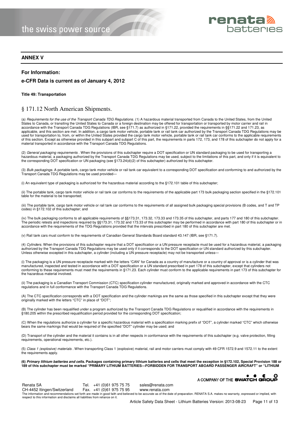 12 north american shipments | Renata SA Article Safety Datasheet 3V Lithium User Manual | Page 11 / 13