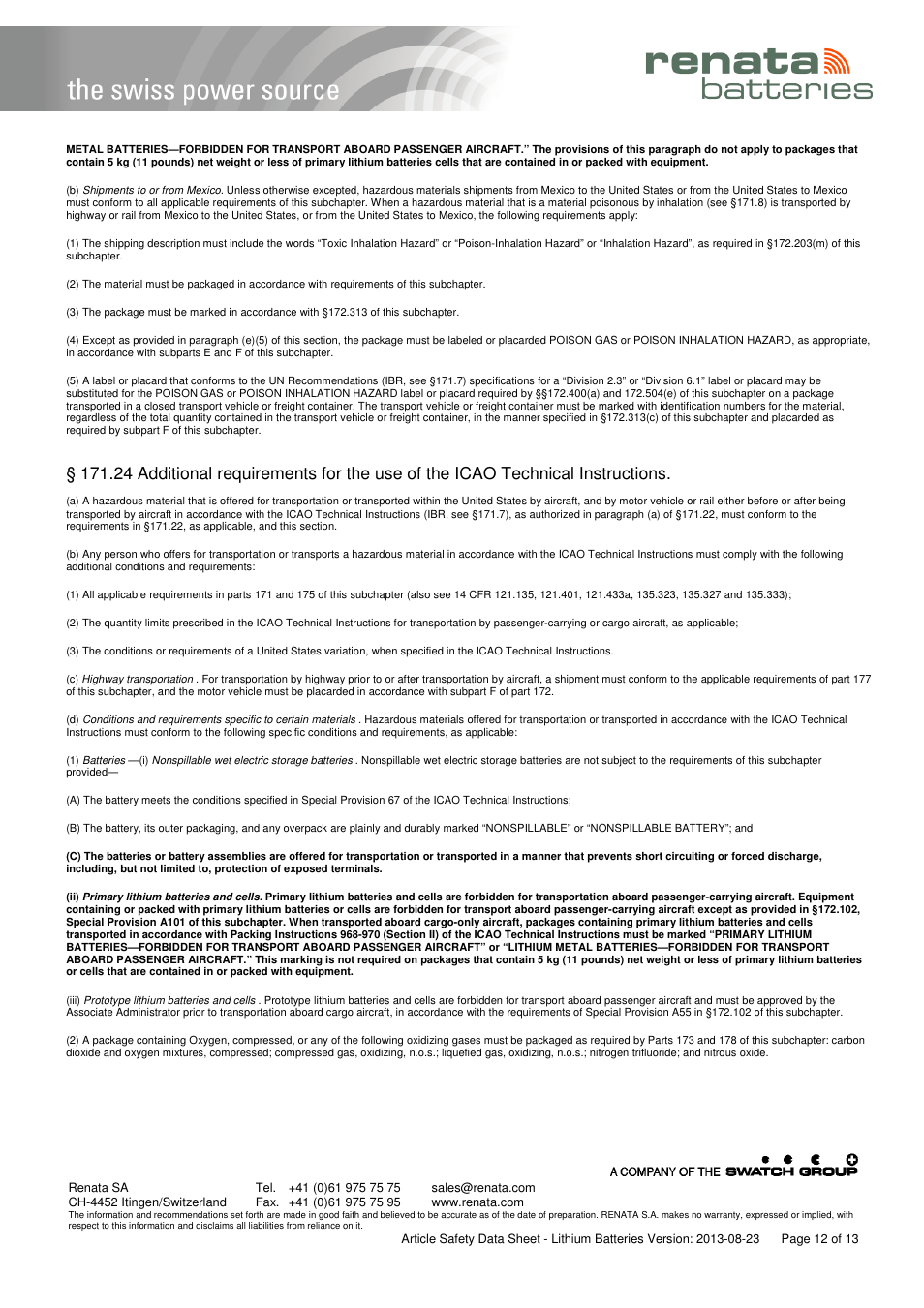 Renata SA Article Safety Datasheet 3V Lithium User Manual | Page 12 / 13