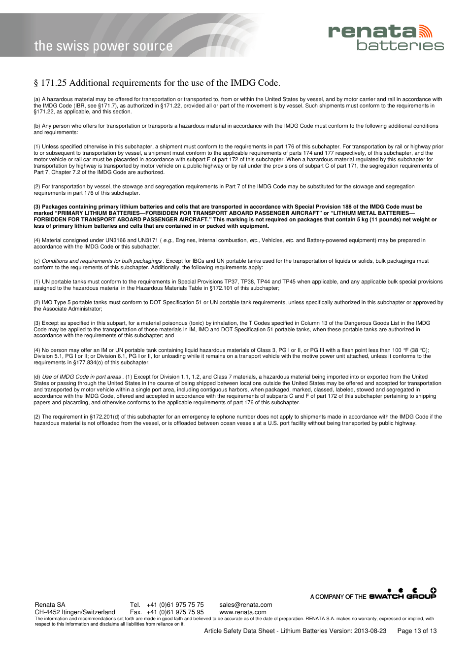 Renata SA Article Safety Datasheet 3V Lithium User Manual | Page 13 / 13